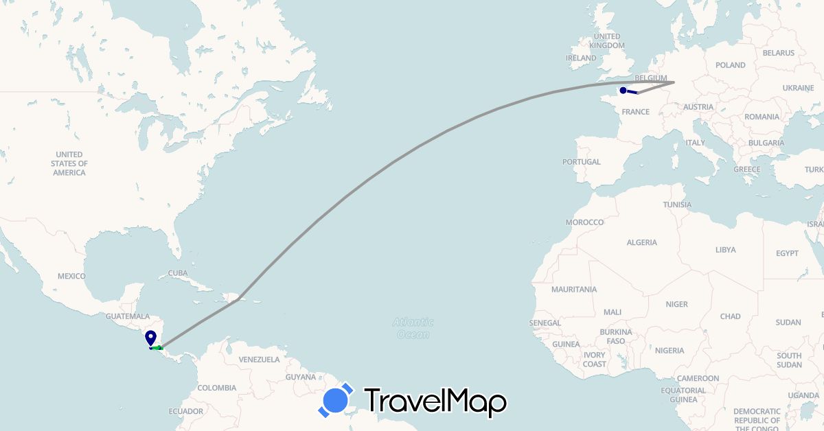 TravelMap itinerary: driving, bus, plane, hitchhiking in Costa Rica, Germany, Dominican Republic, France (Europe, North America)